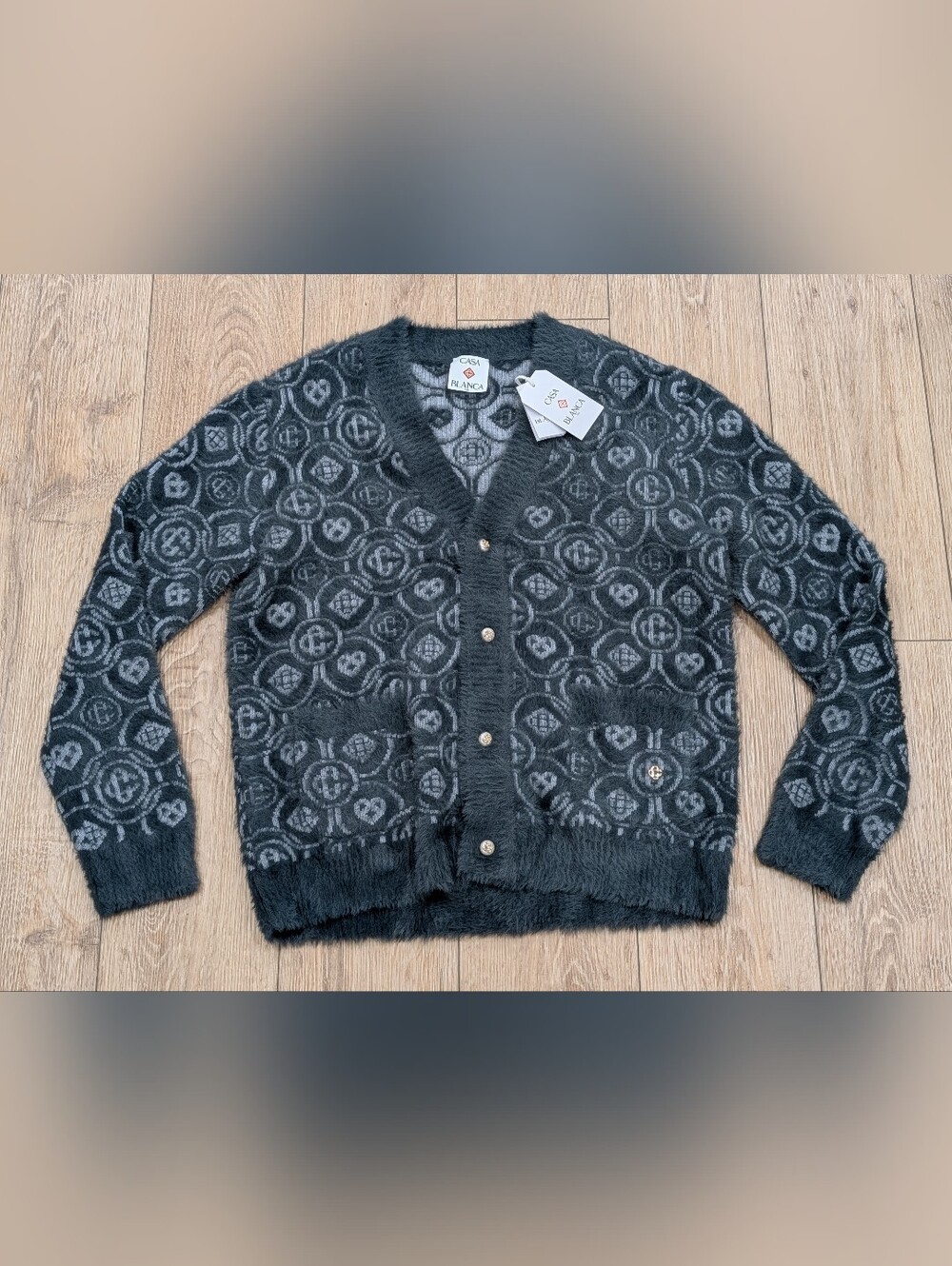 Casablanca Monogram Knit Wool Blend Cardigan Sweater Gray Large